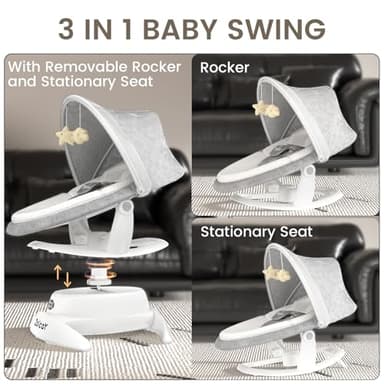 3-in-1 Baby Swing for Infants with Motion Detection, Electric Baby Swing with 3 Swing Modes, 12 Lullabies & 5-Speeds & Removable Swing Seat, BT Enabled & 360°Rotating Seat and Manual Remote, White - Image 2