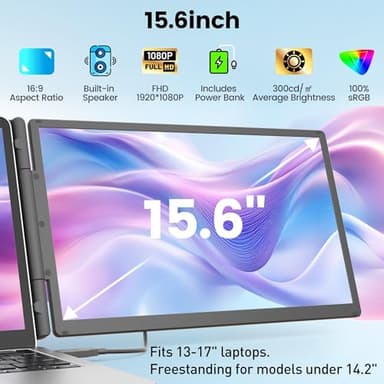 KEFEYA 15.6" Laptop Screen Extender, Includes Power Bank, FHD 1080P IPS Triple Laptop Monitor Extender for 13-17" Laptops, Plug & Play with HDMI/USB-A/TYPE-C/Hub, Compatible with Windows, Mac, Android - Image 2