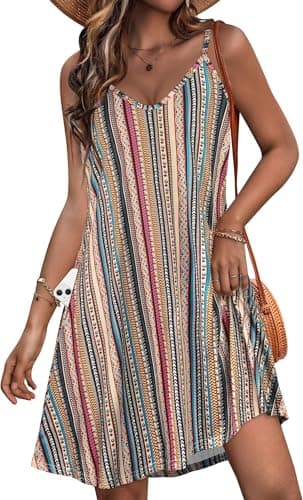 JOELLYUS Womens Summer Dresses Spaghetti Strap Sundress Casual Beach Cover Ups Swing Dress with Pockets (Stripe,L) - Image 1