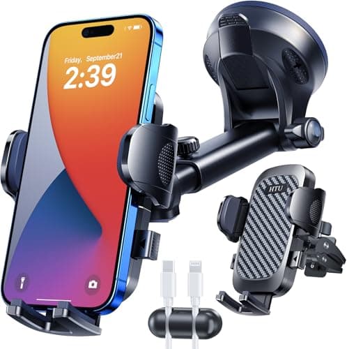 HTU 2025 Best Car Phone Holder 【Ultimate 5-in-1 & Upgraded 100+LBS Strongest Suction】【True Military-Grade & Safety Cert】 360° Windshield Dashboard Vent Mount Stand for iPhone Android & Truck, Black - Image 1