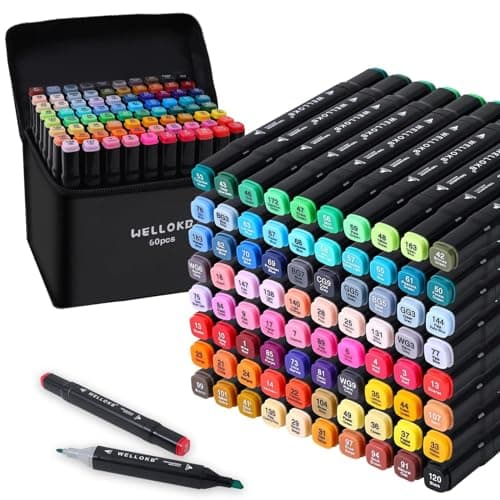 WELLOKB Alcohol Markers Set, 60 colors Alcohol Based Dual Tip, Broad and Brush Tip for Adult Coloring Books, Drawing, Sketching (60) - Image 1