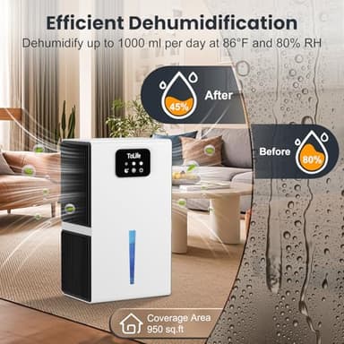 ToLife Dehumidifiers for Home 95 OZ Water Tank with Auto-Off 1000 sq.ft Sleep Mode Portable Dehumidifier for Basement Bathroom Home RV Closet Room 7 Colors LED Light, White - Image 2