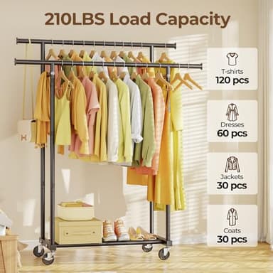 HYSEYY Double Rods Clothes Rack, Rolling Clothing Rack for Hanging Clothes Portable Wardrobe Rack, Metal Garment Rack Sturdy Coat Rack for Bedroom Laundry Living Room, Black - Image 2