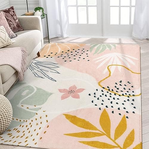 Lahome Pink Rug for Living Room - 5x7 Area Rug Washable Non-Slip Boho Rugs for Bedroom Throw Cute Soft Kids Nursery Rug, Abstract Botanical Print Carpet for Classroom Dorm Entryway Office Dining Room - Image 1