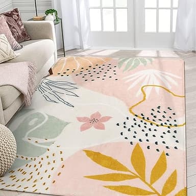 Lahome Pink Rug for Living Room - 5x7 Area Rug Washable Non-Slip Boho Rugs for Bedroom Throw Cute Soft Kids Nursery Rug, Abstract Botanical Print Carpet for Classroom Dorm Entryway Office Dining Room - Image 1