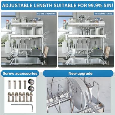 LIVOD Over The Sink Dish Drying Rack,3 Tier Adjustable Length Full Stainless Steel Large Storage Kitchen Dish Rack,for Kitchen Counter Expandable Multifunctional Organizers,Silver (25.98-37.6") - Image 4