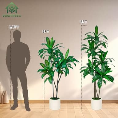 VIVATREES 5FT Tall Faux Dracaena Tree with White Tall Planter, Artificial Plants with Natural Wood Trunk and Lifelike Leaves for Home Office Decor, Green - Image 6