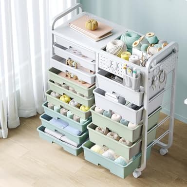 SYKIARIOL 14 Drawer Rolling Cart with Tabletop & DIY Pegboard, Storage Cart with Wheels, Classroom Organizers Utility Cart for Office Home School, Art Supplies, Mobile Craft Organizer, Green - Image 7