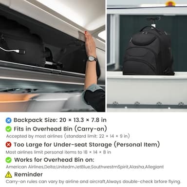 Boavan Rolling Backpack,17 inch Water Resistant Wheeled Backpack,Carry on Luggage Business Bag, Overnight College Computer Trolley Suitcase for Men Women Adults to Travel，Black - Image 3