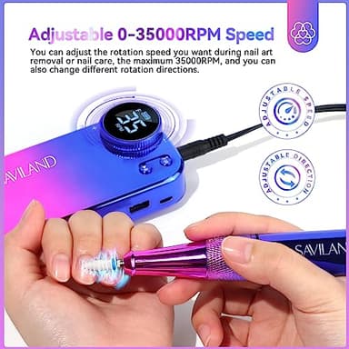 SAVILAND Portable Electric Nail Drill - PRO 35000RPM Electric Nail File Nail Drills for Acrylic Nails Professional with Drill Bits Manicure Pedicure Supplies Use Nail Art for Home DIY Salon Use - Image 3
