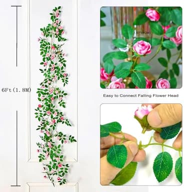 Shyshining 6FT Bendable Pink Rose Flower Garland, Artificial Silk Wild Roses Vine Leaves Hanging Flowers for Wall Fireplace Fence Trellis Wedding Baby Shower Room Home Spring Summer Decor(1PC) - Image 5