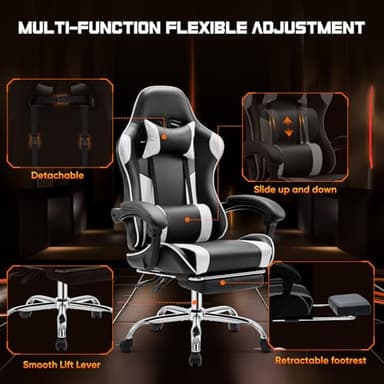 DUMOS Ergonomic Gaming Desk Chair - PU Leather Recliner with Footrest, Lumbar Support, Headrest, Fixed Armrests, Height Adjustable, 360° Swivel, White, for Adults - Image 5