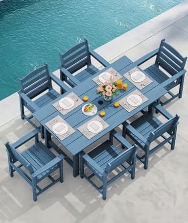 SERWALL 7-Piece Patio Dining Table Sets, Outdoor HDPE Dining Furniture Set with Umbrella Hole Cut-Out Table and 6 Chairs, Blue - Image 9