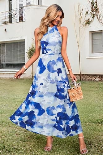 STYLEWORD Women's Summer Fashion 2025 Sundresses Beach Casual Wedding Guest Maxi Long Blue Tie Dye Spring Dresses Trendy(Floral09,XL) - Image 2