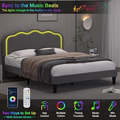 VECELO Upholstered Queen Size Bed Frame with Headboard Adjustable, LED Lights, USB-A & Type-C, Velvet Platform Bed Noise Free, Mattress Foundation with Wooden Slats, No Box Spring Needed, Dark Grey - Image 3