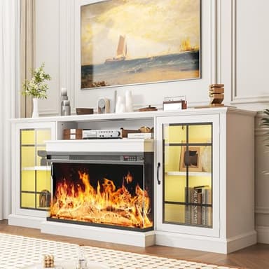 oneinmil Fireplace TV Stand with 3-Sided Glass, TV Cabinet for TVs up to 85", 80'' Modern Media Entertainment Center with Farmhouse Glass Door Storage Cabinets, for Living Room, White - Image 2