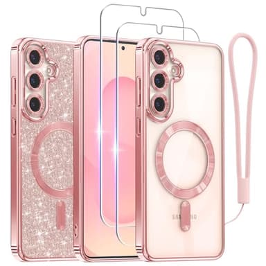 Meifigno Designed for Samsung Galaxy S25 Plus Case, [Compatible with MagSafe] [2X HD Screen Protectors] [Glitter Card & Wrist Strap] Surround Raised Lens Protection Case for S25 Plus 6.7", Rose Gold - Image 1