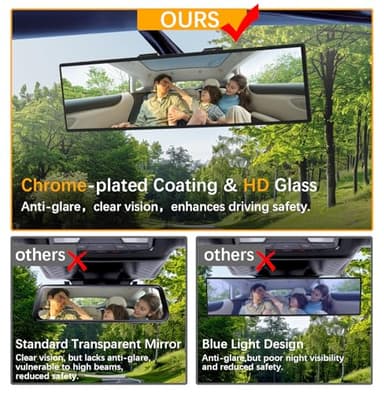 HmmtyRack Rear View Mirror, Chrome Anti-glare Panoramic Rear Mirrors Universal 12 Inch Convex Car Interior Clip on Extra Big Wide Angle Rearview Mirror Extender to Reduce Blind Spot for Car SUV Trucks - Image 3
