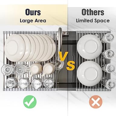 Tomorotec 17.7" x 15.5" Roll Up Dish Drying Rack Over Sink Drying Rack Sink Cover Kitchen Sink Accessories Gadget Multipurpose Organizer Foldable Stainless Steel Drainer (Grey) - Image 6