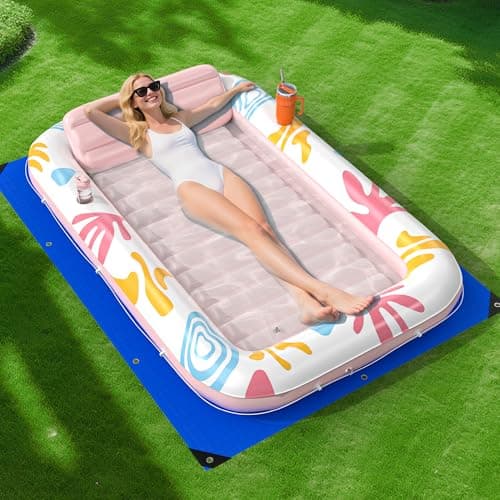 Inflatable Tanning Pool Lounger Float with Protection Tarp,70" x 46" Pool Floats Adult w/Pillow,6 in 1 Suntan Tub Floatie,Sunbathing Water Bed Lounge Blow Up Kids Ball Pit Party Gifts-Pink Champagne - Image 1