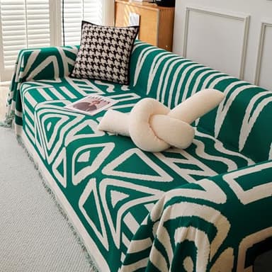 VClife Boho Couch Cover Sectional Sofa Cover for Dog Breathable Chenille Couch Covers for 2 Cushion Couch Sofa, Washable Dark Green White Geometry Loveseat Cover Slipcover with Tassel 71"X102" - Image 9