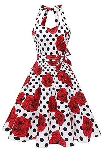 Topdress Women's Vintage Polka Audrey Dress 1950s Halter Retro Cocktail Dress White Dot/Rose M - Image 1