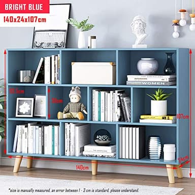 IOTXY Wooden Open Shelf Bookcase - 3-Tier Floor Standing Display Cabinet Rack with Legs, 10 Cubes Bookshelf, Bright Blue - Image 2