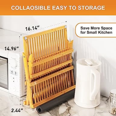 Greenual Bamboo Dish Drying Rack with Utensil Holder, 3 Tier Collapsible Dish Rack, Wooden Dish Racks for Kitchen Counter, Large Folding Drying Holder with Absorbent Dish Drying Mat - Image 4