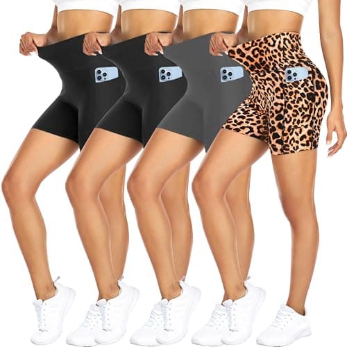 FULLSOFT 4 Pack Biker Shorts for Women – 5" High Waist Tummy Control Workout Yoga Running Compression Exercise Shorts with Pockets(4 Pack Black/Black/Grey/Leopard,Large-X-Large) - Image 1