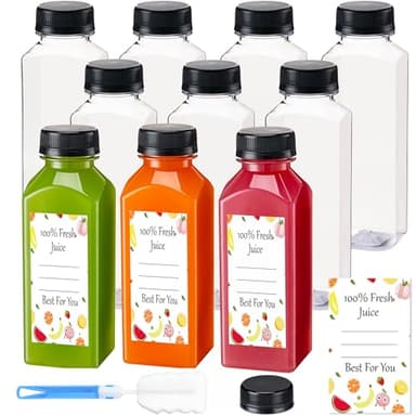 BOOMIBOO Juice Bottles with Caps 10Pcs 12oz, Plastic Bottleswith Caps, Clear Reusable Water Bottle, Used for Juicing Bottles, Smoothie Bottle, Juice Containers - with 10Pcs Labels & Bottle Brush - Image 1