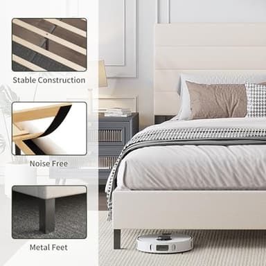 Furnihome King Size Bed Frame, Modern Upholstered Bed Frame King with Adjustable Linen Headboard, Wooden Slats Support Platform, No Box Spring Needed,Easy Assembly,Beige - Image 5