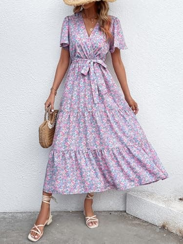 MASCOMODA Womens Summer Boho Maxi Dress Floral Wrap V Neck Flutter Short Sleeve Tie Waist A Line Tiered Flowy Long Dresses(Blue and Pink,Large) - Image 4