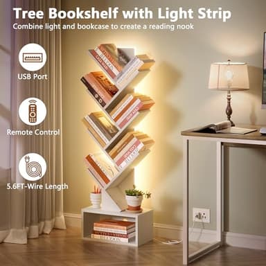 Hoctieon 6 Tier Tree Bookshelf, Tall Bookcase with Drawer, Freestanding Book Shelf with LED Lights, Display Floor Standing Storage Shelf, Book Organizer Shelves for Home Office, Living Room, White - Image 3