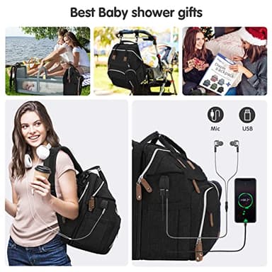 DERJUNSTAR Diaper Bag Backpack – Large Capacity Baby Diaper Bag with Changing Pad, Waterproof Travel Backpack for Boys & Girls, Multi-Function Baby Bag with USB Charging Port, Black - Image 6