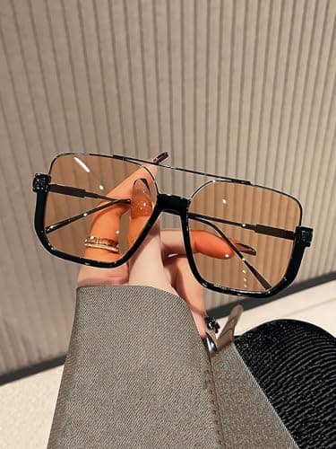 GUVIVI Retro Oversized Aviator Sunglasses for Women Men Square Semi-Rimless Double Bridge Sun Glasses 70s Trendy Shades Pilot-style Brown Pink - Image 4