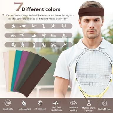 DiyJibb Headbands for Women, Stretchy Non Slip Soft Cotton Cloth Hair Bands for Sports, Workout, Yoga and Running, 7pcs (Light Pink, Dark Brown, Purple, Dark Gray, Turquoise, Light Yellow, Brown) - Image 2