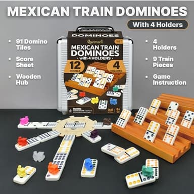 Mexican Train Dominoes Set with 4 Holders - Dominoes Double 12 with Wooden Hub and Tiles Holders - Double 12 Dominos Set for Family Game Night for Adults and Kids Ages 8 and up (D12 + 4 Holders) - Image 2