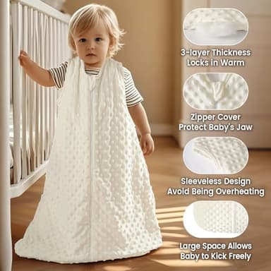 PHF Baby Sleep Sack 2.5 TOG with Plush Minky Dot, 0-6 Months Winter Baby Wearable Blanket with 2-Way Zipper, Warm Comfy Quilted Cotton Sleeping Bags, 3-Layers Design Sleep Sack, Small Size, Cream - Image 3