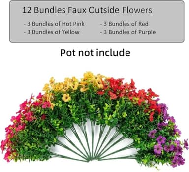 HyeFlora Artificial Flowers for Outdoor Indoor Garden Home Decoration, Faux Flower Daisy with Eucalyptus Leaves Fake Plants Greenery Boxwood Porch Patio, 12 Bundles (Mix Pink Red Purple Yellow) - Image 4