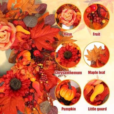 24" Fall Wreath for Front Door Outside - Sunflower, Pumpkin, Berry & Maple Leaves | Weatherproof Autumn Outdoor Wreaths with Hanger Hook for Thanksgiving, Harvest - Image 5