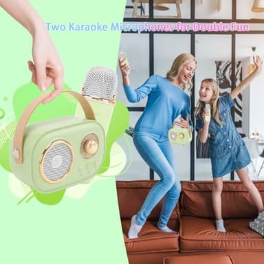 Aresrora Mini Karaoke Machine for Kids,Portable Bluetooth Speaker with 2 Wireless Microphone,Toys for Girls Boys Gifts,Retro Speaker Set Stereo Sound Enhanced Bass for Home Party Birthday (Green) - Image 8