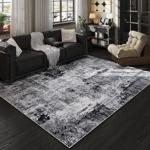 Rugcomf 6x9 Rug Washable Bedroom Rug Large Soft Area Rug Abstract Pattern Non-Slip Faux Wool Vintage Rug for Living Room, Farmhouse, Dining Room, Kids Playroom, Grey and Black - Image 1