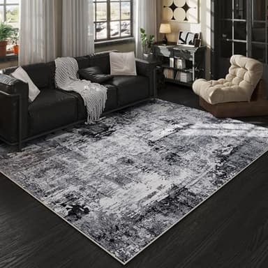 Rugcomf 6x9 Rug Washable Bedroom Rug Large Soft Area Rug Abstract Pattern Non-Slip Faux Wool Vintage Rug for Living Room, Farmhouse, Dining Room, Kids Playroom, Grey and Black - Image 1