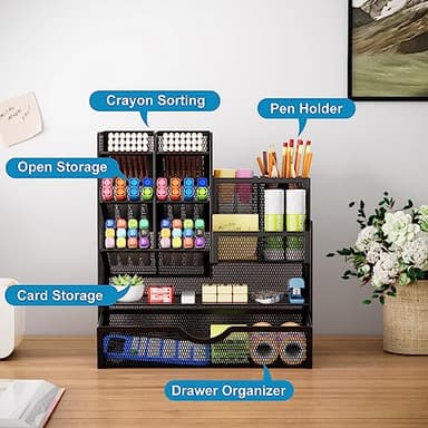 Marbrasse Mesh Pen Holder for Desk, Multi-Functional Pencil Organizer with Drawer, Desk Organizers and Accessories for Office Art Supplies (Black) - Image 4