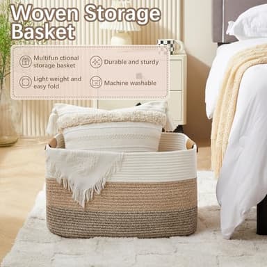 VECELO Large Rope Storage Blanket Basket, 22"x 17"x12" Storage Basket with Handles, Woven Cotton Rope Basket for Storage for Toys, Clothes, Laundry, Pillow, Comforter, Cushions, Gradient Yellow - Image 6