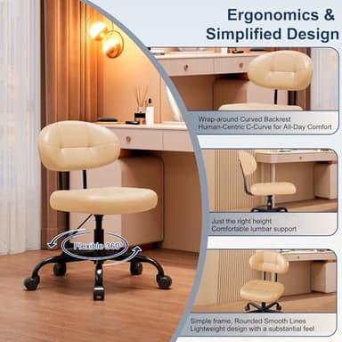 Misolant Vanity Chair with Back, Small Armless Cute Office Chair with Wheels and Lumbar Support, Comfy PU Leather Desk Computer Chairs with Adjustable Height, 360° Swivel for Home Bedroom, Khaki - Image 6
