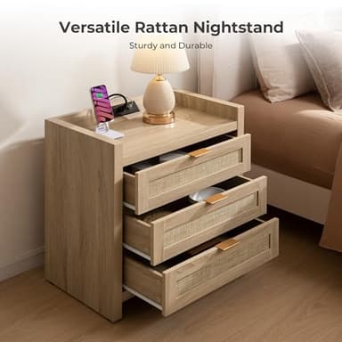 SICOTAS Rattan Nightstands Set of 2 Bedside Table - Larger Night Stand with Type-C Charging Station, 3 Drawers Storage, Boho Night Stands End Table for Bedroom Office - Light Oak - Image 4