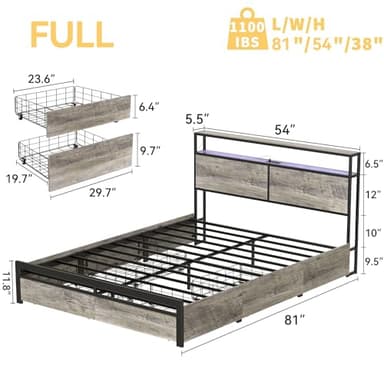 HAUSOURCE LED Bed Frame Full Size with Headboard & 4 Storage Drawers Platform Bed Frame with 2 Charging Outlets and 2 USB Ports Strong Metal Slats Support No Box Spring Needed - Image 2