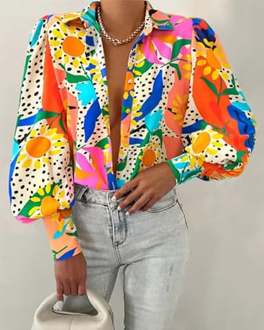 BTFBM Women Fashion Button Down Shirts V Neck Printed Solid Boho Long Sleeve Blouses Dressy Casual Summer Fall Tops(Multi Orange, Large) - Image 2