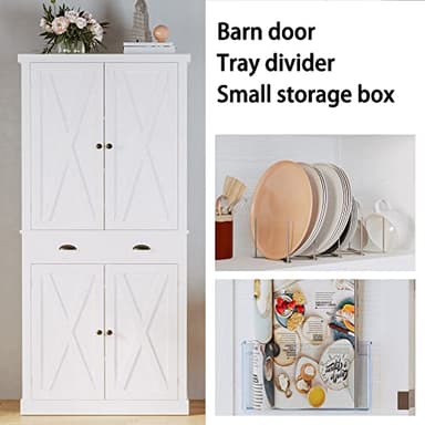IRONCK Kitchen Pantry Storage Cabinet 72.6" H, with Barn Doors, Drawer, 4 Adjustable Shelves, Freestanding Cupboard, Laundry, White - Image 5